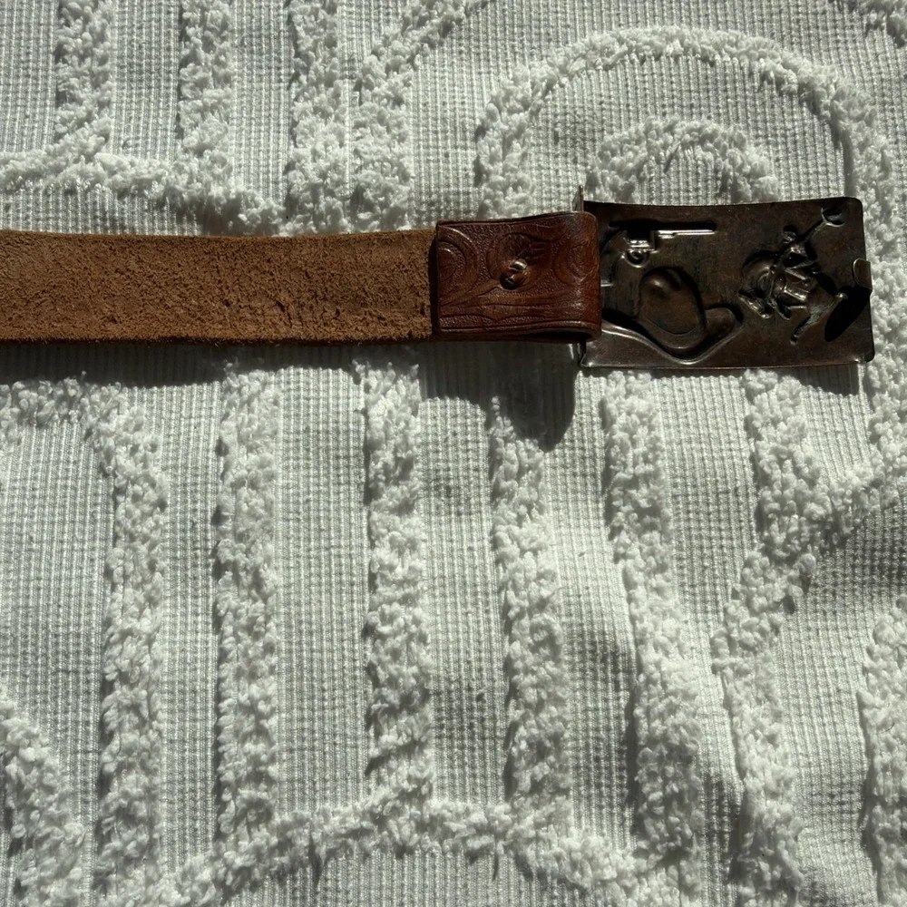 Cowboy Western Belt Boys 26 Brown Leather Excellent Copper Floral Buckle